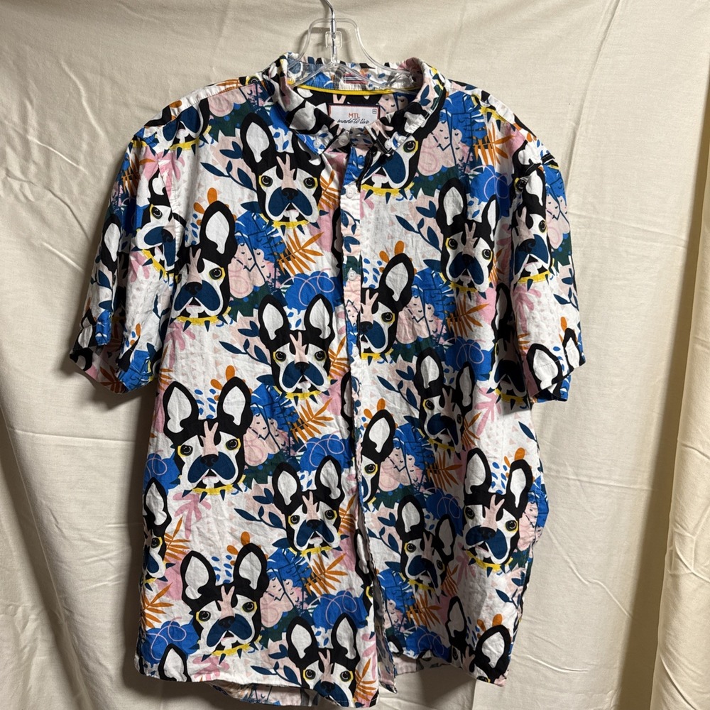 MTL Made To Live Men's Cotton Slim Fit Short Sleeve Button Shirt Size XL Pop Art